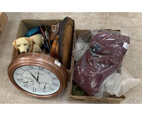 2 boxes of collectables including a wooden mantel clock, blue glass dish, cuckoo clock, dog ornament, china, soup tureens etc