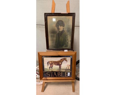 Artists easel along with a military picture of a lady &amp; another framed print. Viewing/collection at West Woodlands BA11 5