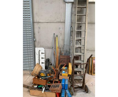 Large collection of tools, aluminium ladders, sack truck, garden tools, fire irons &amp; assorted tool boxes, etc. Viewing/co