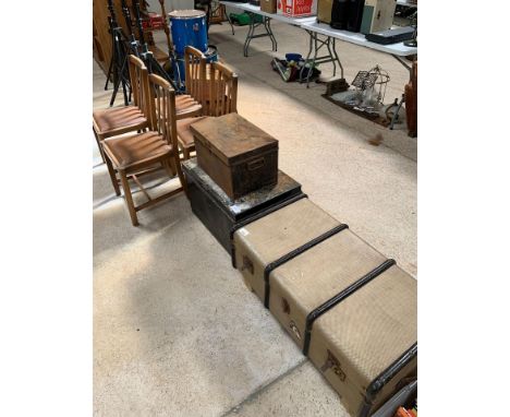 2 vintage British Legion metal trunks, 4 dining chairs &amp; a steamer trunk. Viewing/collection at West Woodlands BA11 5ES. 