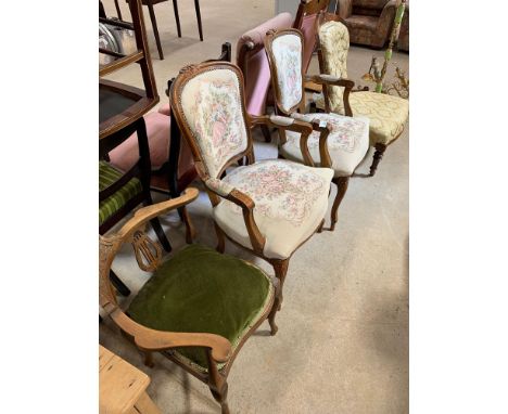 Pair of tapestry open armchairs, button back nursing chair &amp; corner chair with green velvet seat. Viewing/collection at W