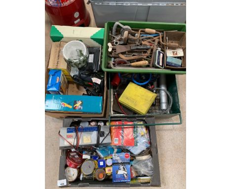 Collection of old tools, garden items, car accessories including spark plugs, battery charger etc. Viewing/collection at West