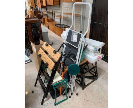 Work benches, 49cm deep, 107cm wide, 193cm high, sack truck, set of steps, tub of gardening tools, quantity of profile boards
