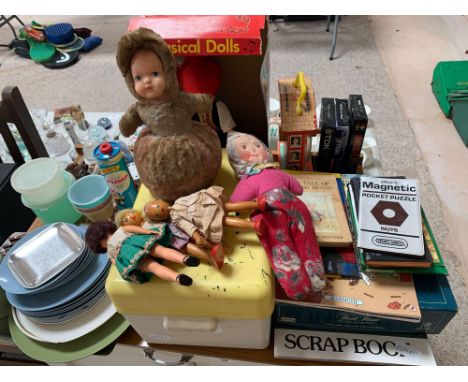 Selection of vintage items to include children's toys, dolls, Trivial Pursuit game, snow globes etc. Viewing/collection at We