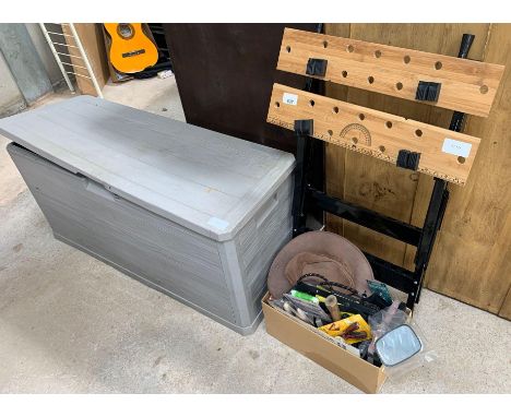 Plastic garden storage box, work bench, tools etc.  Viewing/collection at West Woodlands BA11 5ES. Payment at Standerwick BA1