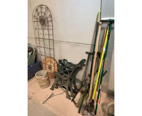 5  cast iron bench ends, 2 decorative metal trellis, mosaic table top, concrete garden planter &amp; quantity of garden tools