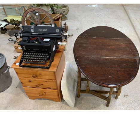 Imperial Typewriter, 3 drawer pine bedside cabinet, drop leaf table, piece of stone engraved with letters. Viewing/collection