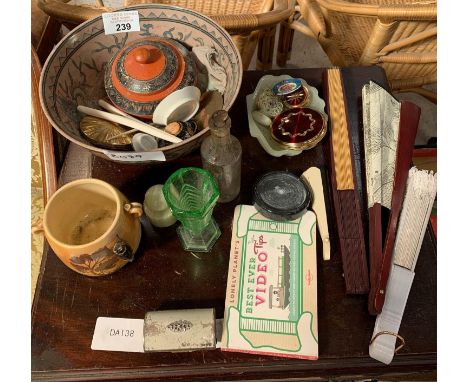 Oriental type bowl with other Oriental collectables including powder compact bottles &amp; fans. Viewing/collection at West W