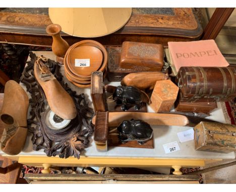 Collection of wooden boxes, pair of elephant bookends, wall barometer etc. Viewing/collection at West Woodlands BA11 5ES. Pay