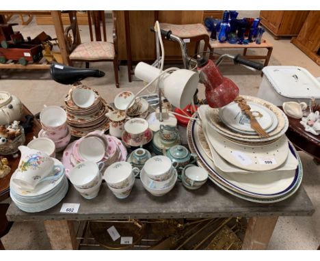 A collection of china to include Shelly part tea service, large oval serving plates, 2 angle poise style lamps. Viewing/colle