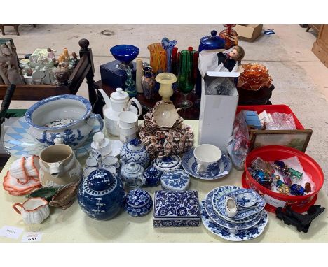 Collection of blue &amp; white china to include trinket boxes, tea service, bed pan, box of miniature scent bottles &amp; box