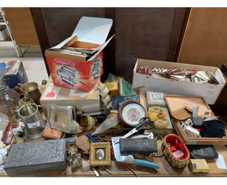 Collection of items to include glass decanters, china ornaments, box of old buttons, pens, 1939-1945 Defence medal, vintage c