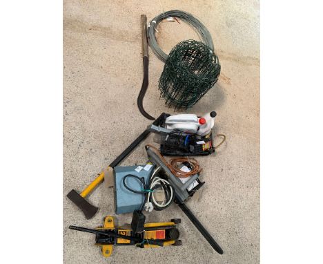 Hydraulic trolley jack, 9.5 metres of border wire, chainsaw, greenhouse heater etc. Viewing/collection at West Woodlands BA11