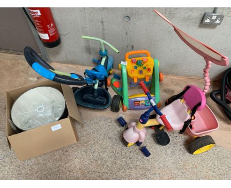 2 children's push along trikes, child's gym walker &amp; lamp shade. Viewing/collection at West Woodlands BA11 5ES. Payment a