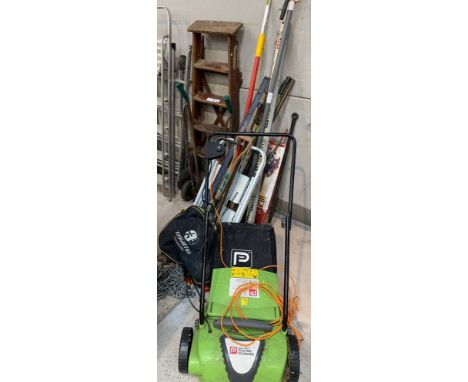 Wooden step ladder, sack truck, metal steps, garden tools, mitre saw, electric scarifier etc.  Viewing/collection at West Woo