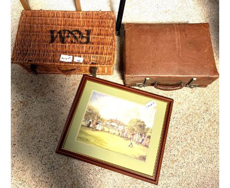 Wicker Fortnum &amp; Mason basket, leather suitcase &amp; framed golfing print. Viewing/collection at West Woodlands BA11 5ES