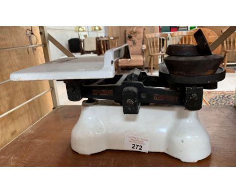 Pair of vintage kitchen scales &amp; weights. Viewing/collection at West Woodlands BA11 5ES. Payment at Standerwick BA11 2QB.