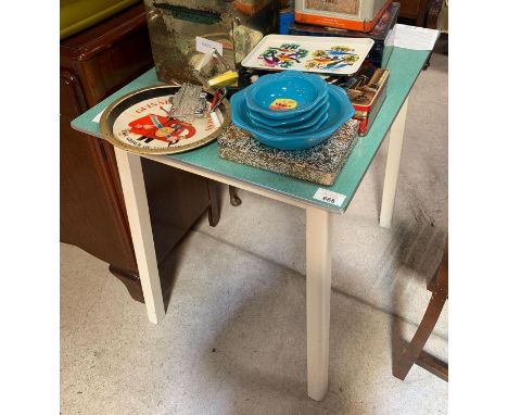 Vintage Formica green topped kitchen table, 75cm high, 82cm x 61cm. Viewing/collection at West Woodlands BA11 5ES. Payment at