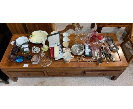 Collection of china items to include cups, glassware, cutlery, coloured glass ornaments, large plated ladle &amp; plated kniv