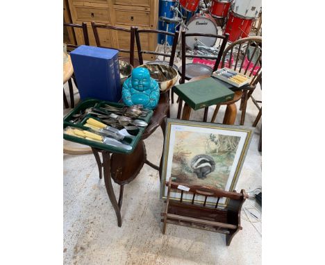 Round pine kitchen table, 2 occasional tables, wooden magazine rack, framed print of a badger, cutlery etc. Viewing/collectio
