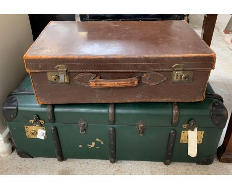 Large green leatherette trunk along with a vintage brown leather suitcase. Viewing/collection at West Woodlands BA11 5ES. Pay