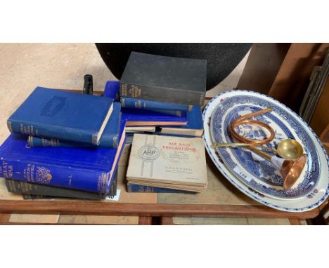 2 oval meat platters, brass ladle, hunting horn &amp; books relating to  WW2 + other books. Viewing/collection at West Woodla