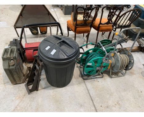 3 hose reels, plastic dustbin, garden roller, oil can etc. Viewing/collection at West Woodlands BA11 5ES. Payment at Standerw
