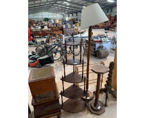 Mahogany whatnot, pine towel rail, wooden commode, foot stool, standard lamp &amp; oak plant stands, etc. Viewing/collection 