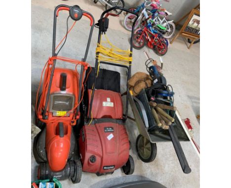 Galvanised wheelbarrow containing tools, towing lights, McCallister hedge cutter, Mountfield SE350 scarifier, Flymo. Viewing/