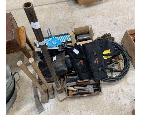 Collection of tools, sledge hammers, spades, pick axes &amp; cast iron weights. Viewing/collection at West Woodlands BA11 5ES