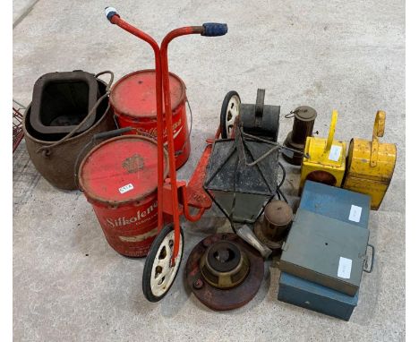 Vintage children's scooter, 2 Silkolene lubricant advertising cans, selection of lanterns, 2 metal tool boxes etc. Viewing/co