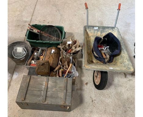 Galvanized wheelbarrow, wooden hand tools, toolboxes, nails, galvanized bucket etc.  Viewing/collection at West Woodlands BA1