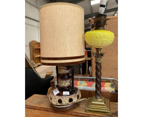 Brown pottery lamp with original shade and a converted oil lamp with yellow glass reservoir. Viewing/collection at West Woodl