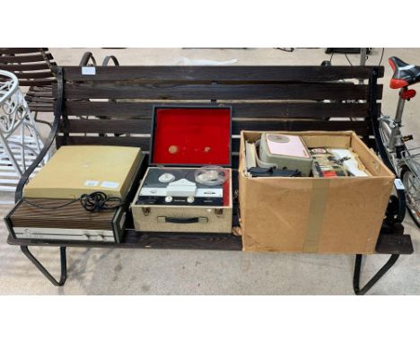 Fidelity record player, Dentone reel to reel tape recorder, box of assorted radios, cassette player &amp; 8mm projector. View