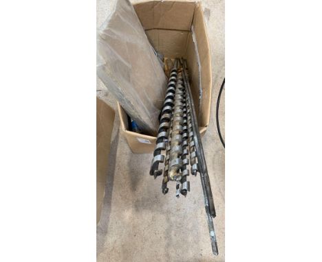 Box of heavy duty wood drills &amp; tools. Viewing/collection at West Woodlands BA11 5ES. Payment at Standerwick BA11 2QB. No