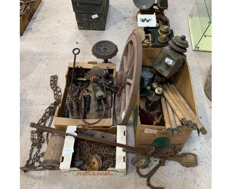 Quantity of tools to include drill parts, cast iron foot pump, galvanised items, oil can, lamp, cartwheel etc. Viewing/collec