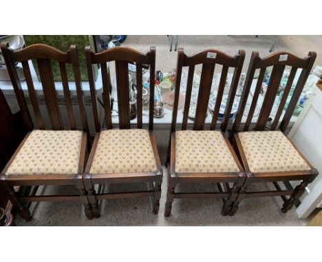 4 stained oak dining chairs with tapestry seats. Viewing/collection at West Woodlands BA11 5ES. Payment at Standerwick BA11 2