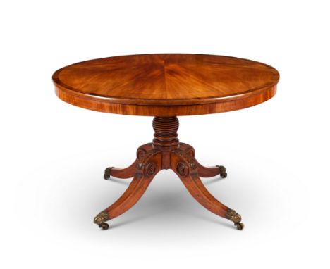 A Regency mahogany and rosewood crossbanded circular breakfast table
The tilt top above a ring turned shaft on downswept quad