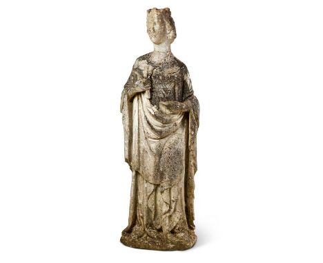 A late 15th century carved marble female standing figure of the Virgin Wearing a crown and a long draped dress, with flowers 