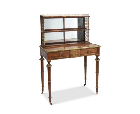 A Regency rosewood and brass inlaid bonheur du jour attributed to John McLeanApplied with gilt metal mounts and in two parts,