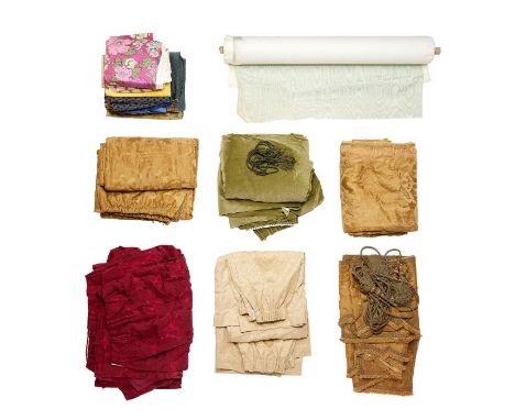 A collection of curtains and furnishing fabrics of various sizes Including a roll of pale green watered silk and a pair of ea