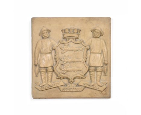 A moulded ceramic plaque depicting the coat of arms of Great Yarmouth, Norfolk, circa 1900With two fishermen as supporters an