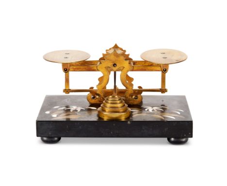A set of mid 19th century pietra dura and brass desk scales With four graduated brass weights, 20cm wide.  