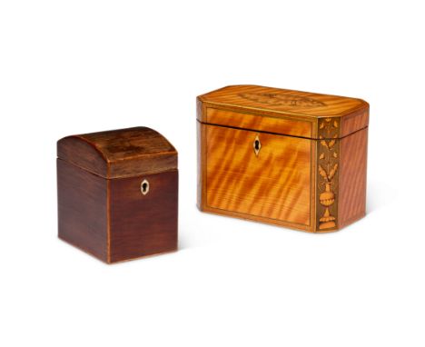 A George III satinwood and sycamore marquetry tea caddy together with a small early 19th century partridgewood caddy 
The sat