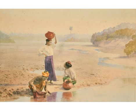 F.M. Muriel, A Burmese scene, watercolour over platinum print, 10" x 14" and a watercolour of 'Old Library Pagan Burma', insc