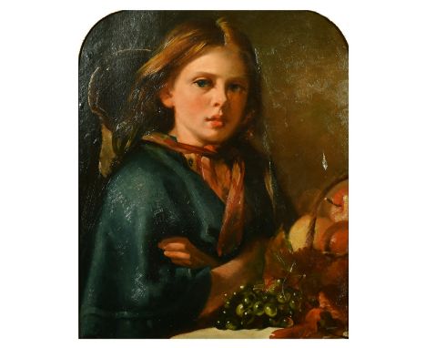19th Century, Portrait of a young girl seated at a table with fruit, oil on board, 21.25" x 16.5".