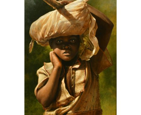 Michael Jackson (b.1961) The Potato carrier, oil on board, signed and inscribed verso, dated 2000, 19" x 15.25".