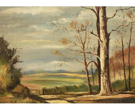 Attributed to Rowland Hilder (1905-1993) British, A landscape with trees, farm gate and fields beyond, oil on canvas board, s
