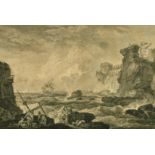 An 18th Century Mediterranean coastal shipwreck scene with figures on the shore, Georges Mayer,