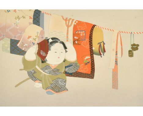 An early 20th Century Japanese woodblock print, A Japanese festival with a female figure holding a fan amongst hanging textil